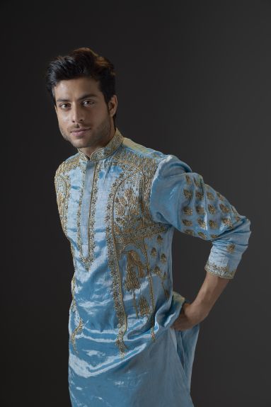 Azure Blue Silk Kurta with Zari Embroidery
