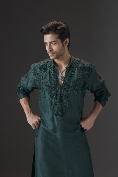 Dark Green Kurta with Embellished Neckline