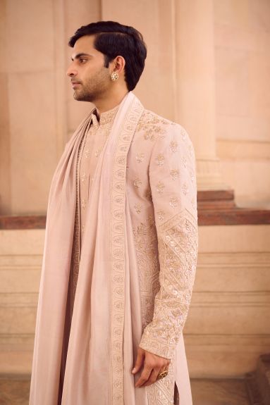 Blush Pink Resham Embroidered Sherwani Set