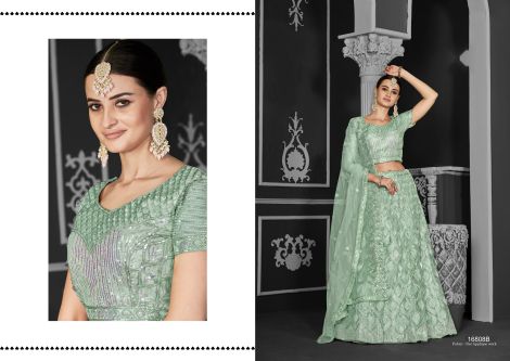 Women's Net Embroidered Semi-Stitched Lehenga Choli with Dupatta | Sea Green