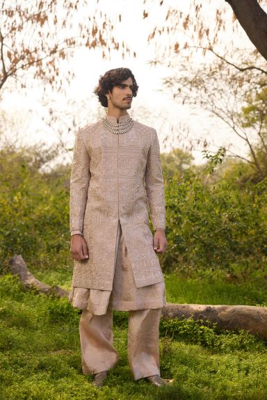 Regal Beige Embroidered Sherwani Set