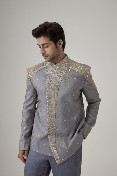 Grey Bandhgala with Gold Asymmetrical Embroidery