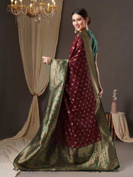 SAREEMALL Women's Silk Blend Brown WovenDesign DesignerSaree With Blouse Piece