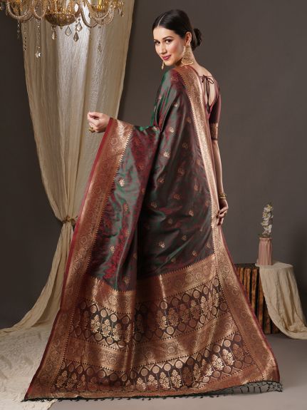SAREEMALL Women's Silk Blend Brown WovenDesign DesignerSaree With Blouse Piece