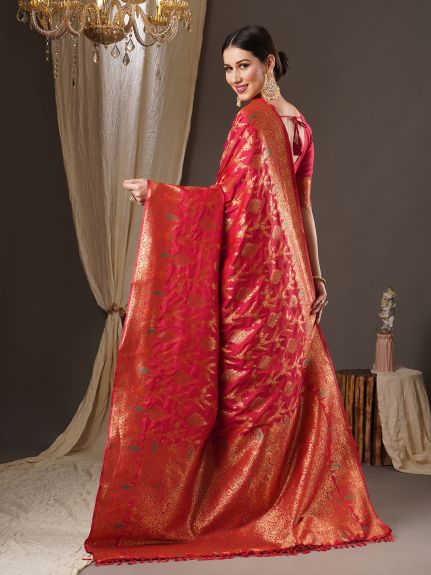 SAREEMALL Women's Silk Blend Pink WovenDesign DesignerSaree With Blouse Piece