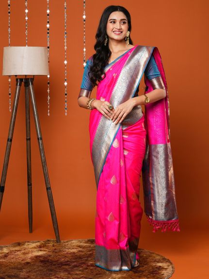 SAREEMALL Women's Silk Blend Pink WovenDesign DesignerSaree With Blouse Piece