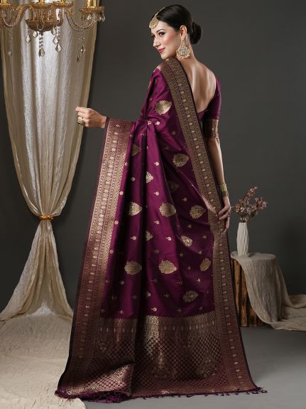 SAREEMALL Women's Silk Blend Purple WovenDesign DesignerSaree With Blouse Piece