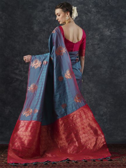 SAREE MALL Women's Silk Blend Teal blue Woven Design Designer Saree With Blouse Piece