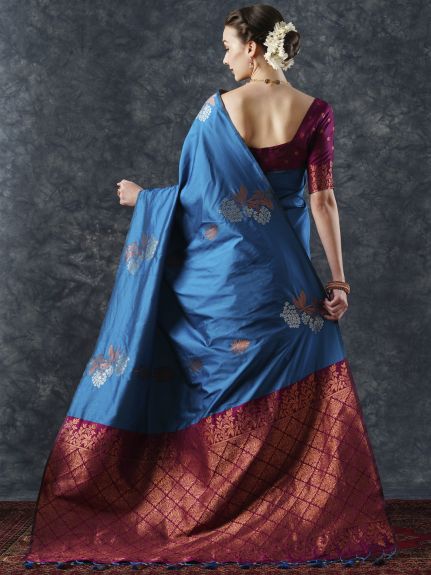 SAREE MALL Women's Silk Blend Blue Woven Design Designer Saree With Blouse Piece