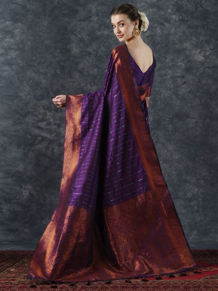 SAREE MALL Women's Silk Blend Purple Woven Design Designer Saree With Blouse Piece