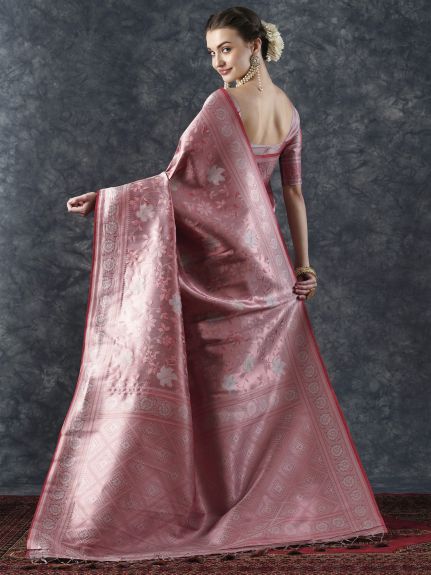 SAREE MALL Women's Silk Blend Rose Gold Woven Design Designer Saree With Blouse Piece