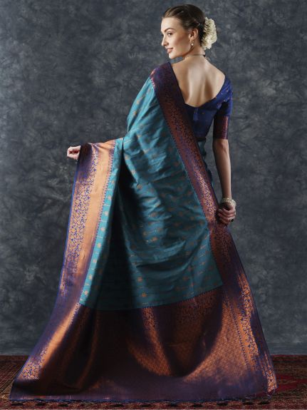 SAREE MALL Women's Silk Blend Teal blue Woven Design Designer Saree With Blouse Piece