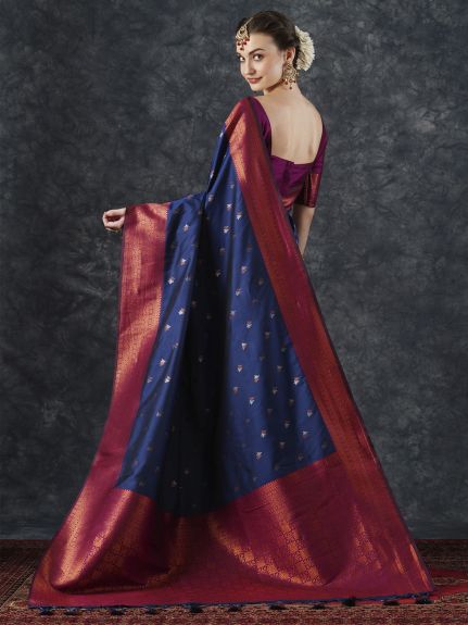 SAREE MALL Women's Silk Blend Navy Blue Woven Design Designer Saree With Blouse Piece