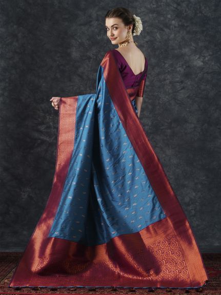 SAREE MALL Women's Silk Blend Blue Woven Design Designer Saree With Blouse Piece