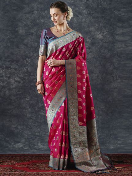 SAREE MALL Women's Silk Blend Pink Woven Design Designer Saree With Blouse Piece