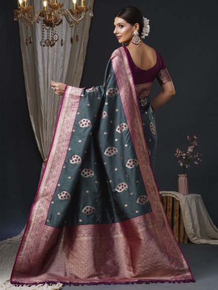 SAREE MALL Women's Silk Blend Grey Woven Design Designer Saree With Blouse Piece