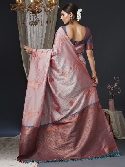 SAREE MALL Women's Silk Blend Rose Gold Woven Design Designer Saree With Blouse Piece