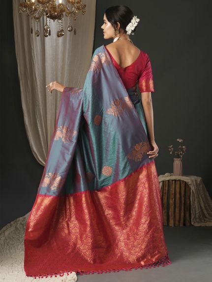 SAREE MALL Women's Silk Blend Teal blue Woven Design Designer Saree With Blouse Piece