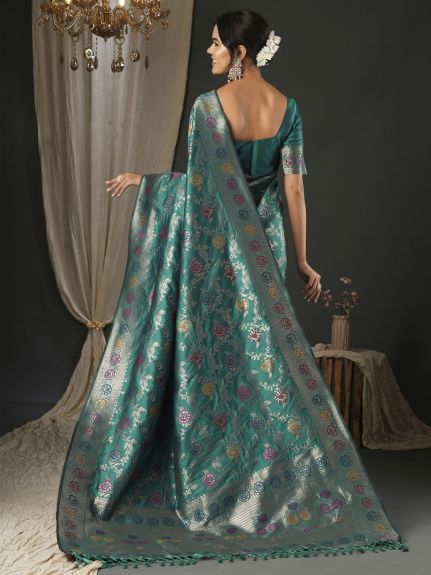 SAREE MALL Women's Silk Blend Teal blue Woven Design Designer Saree With Blouse Piece