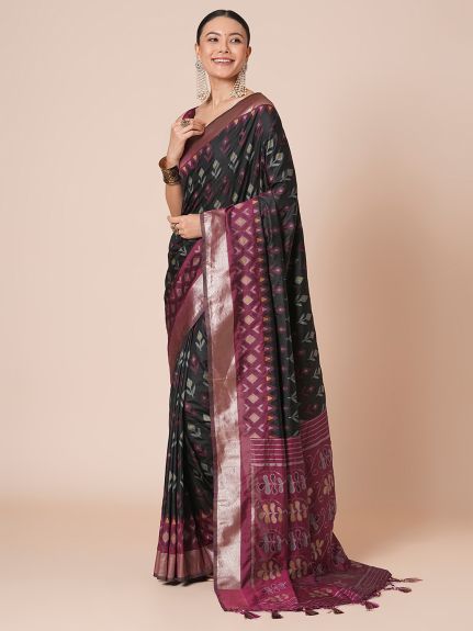 SAREE MALL Women's Silk Blend Black Woven Design Designer Saree With Blouse Piece