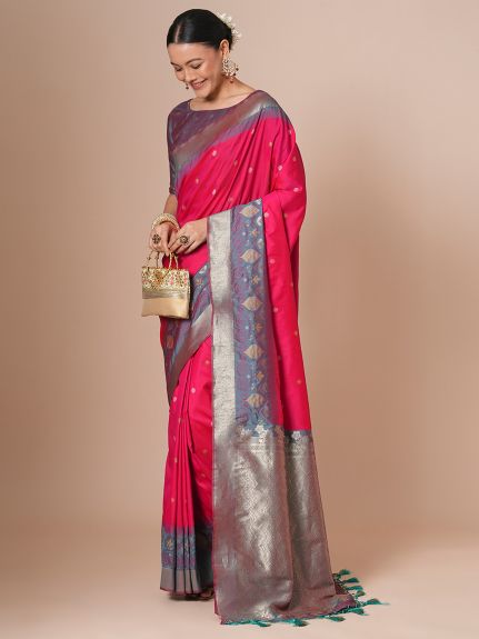SAREE MALL Women's Silk Blend Pink Woven Design Designer Saree With Blouse Piece