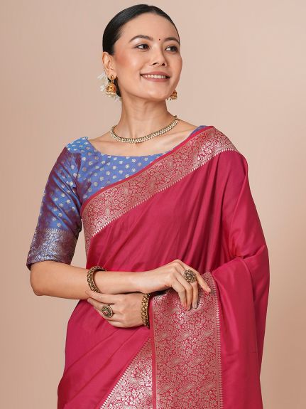 SAREE MALL Women's Silk Blend Pink Woven Design Designer Saree With Blouse Piece