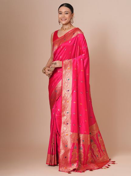 SAREE MALL Women's Silk Blend Pink Woven Design Designer Saree With Blouse Piece