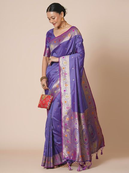 SAREE MALL Women's Silk Blend Lavendar Woven Design Designer Saree With Blouse Piece