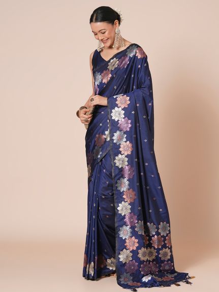 SAREE MALL Women's Silk Blend Navy Blue Woven Design Designer Saree With Blouse Piece