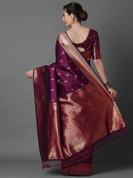 SAREEMALL Women's Silk Blend Magenta WovenDesign DesignerSaree With Blouse Piece