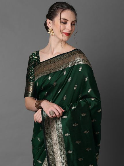 SAREEMALL Women's Silk Blend Green WovenDesign DesignerSaree With Blouse Piece