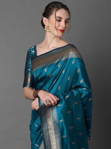 SAREEMALL Women's Silk Blend Blue WovenDesign DesignerSaree With Blouse Piece