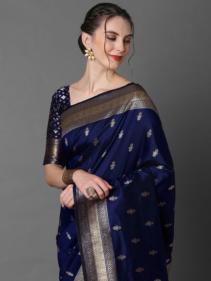 SAREE MALL Women's Silk Blend Navy Blue Woven Design Designer Saree With Blouse Piece
