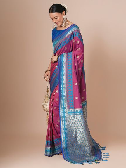 SAREE MALL Women's Silk Blend Magenta Woven Design Designer Saree With Blouse Piece