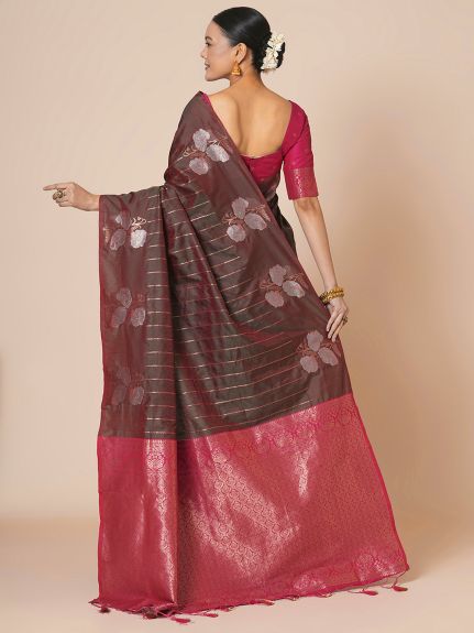 SAREE MALL Women's Silk Blend Burgundy Woven Design Designer Saree With Blouse Piece
