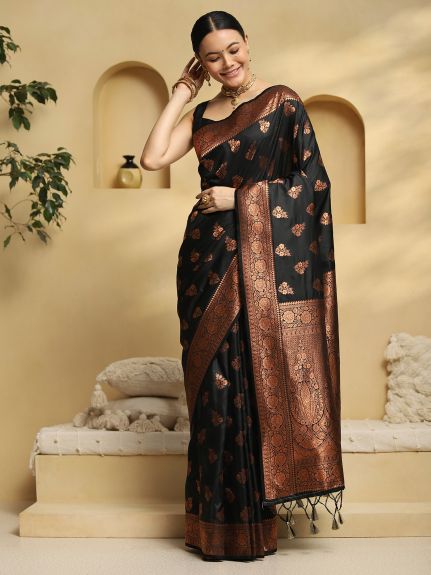 SAREE MALL Women's Soft Silk Black Woven Design Designer Saree With Blouse Piece