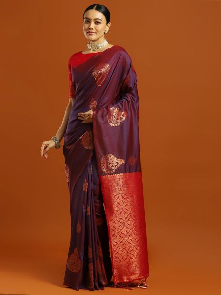 SAREE MALL Women's Soft Silk Purple Woven Design Designer Saree With Blouse Piece