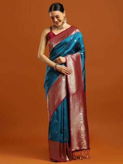 SAREE MALL Women's Soft Silk Light Blue Woven Design Designer Saree With Blouse Piece