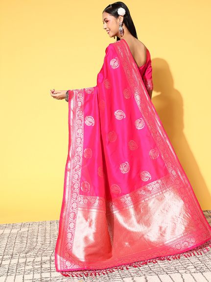 SAREE MALL Women's Silk Blend Pink Woven Design Celebrity Saree With Blouse Piece