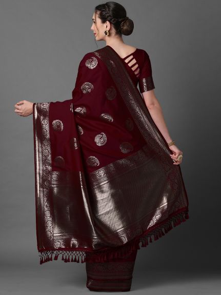 SAREEMALL Women's Silk Blend Brown WovenDesign CelebritySaree With Blouse Piece