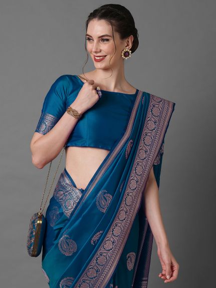 SAREE MALL Women's Silk Blend Blue Woven Design Celebrity Saree With Blouse Piece