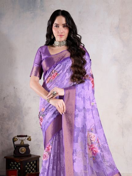 SAREE MALL Women's Organza Mauve Woven Design Designer Saree With Blouse Piece