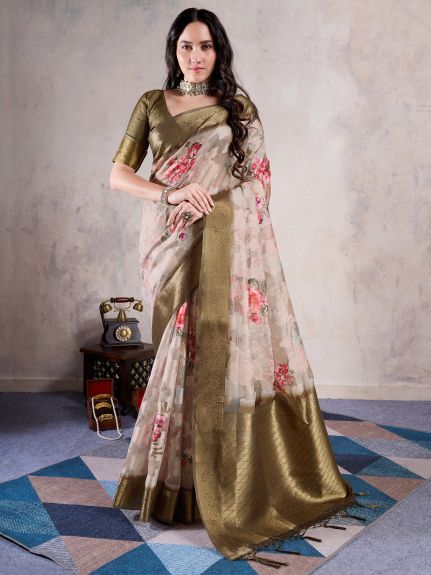 SAREE MALL Women's Organza Beige Woven Design Designer Saree With Blouse Piece