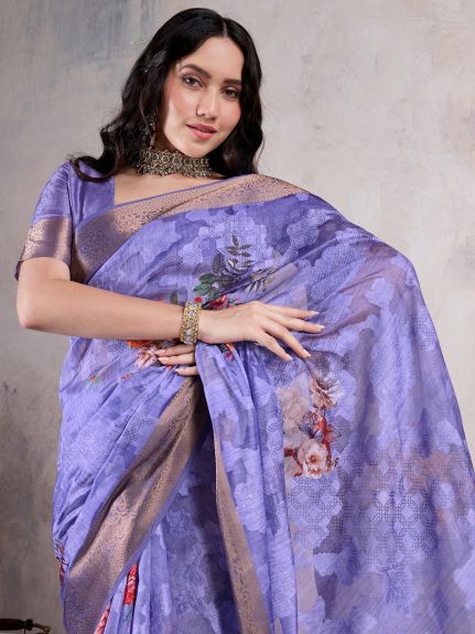 SAREE MALL Women's Organza Lavendar Woven Design Designer Saree With Blouse Piece