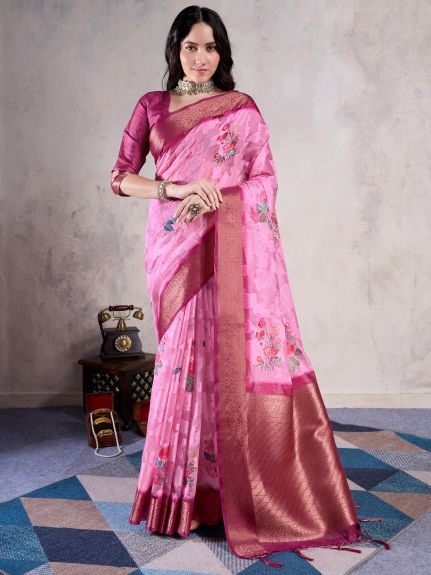 SAREE MALL Women's Organza Pink Woven Design Designer Saree With Blouse Piece