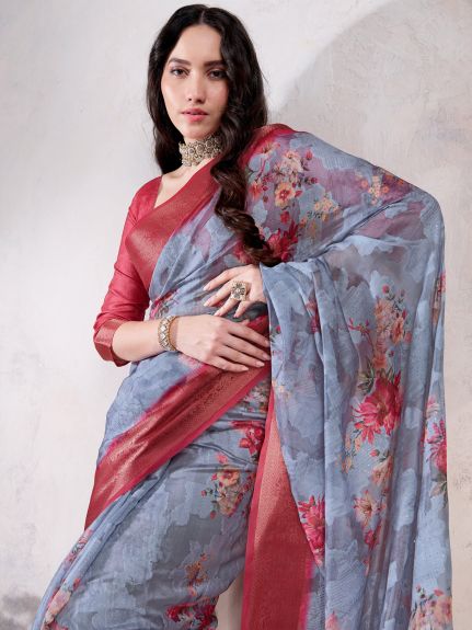 SAREE MALL Women's Organza Grey Woven Design Designer Saree With Blouse Piece