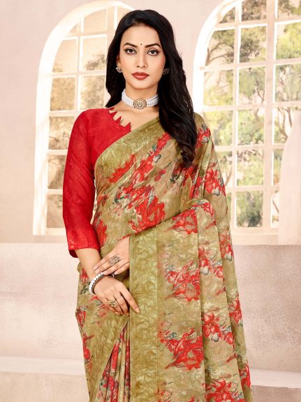 SAREE MALL Women's Chiffon Beige Printed Designer Saree With Blouse Piece