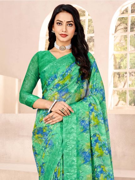 SAREE MALL Women's Chiffon Light Green Printed Designer Saree With Blouse Piece