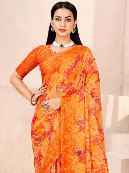 SAREE MALL Women's Chiffon Orange Printed Designer Saree With Blouse Piece