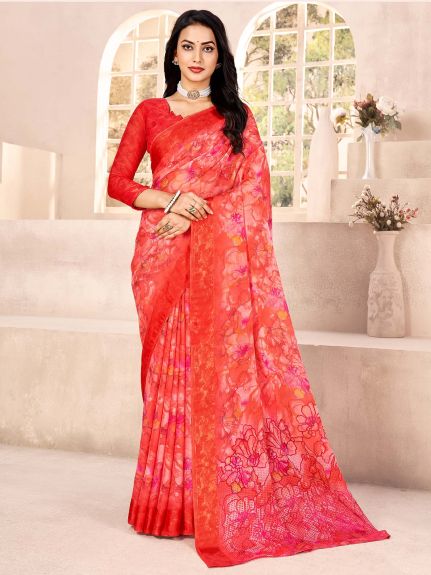 SAREE MALL Women's Chiffon Red Printed Designer Saree With Blouse Piece